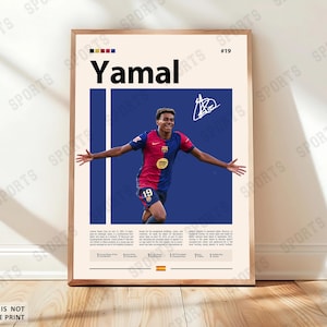 May include: A vertical rectangular poster featuring a graphic of soccer player Lamine Yamal in a red and blue jersey with the number 19. The design includes the text Yamal, a signature, biographical information, and a small Spanish flag at the bottom.