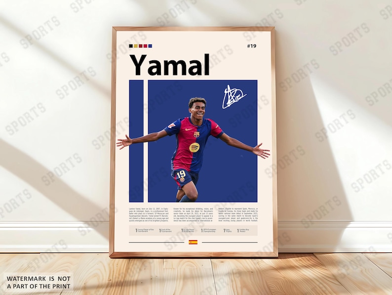 May include: A vertical rectangular poster featuring a graphic of soccer player Lamine Yamal in a red and blue jersey with the number 19. The design includes the text Yamal, a signature, biographical information, and a small Spanish flag at the bottom.