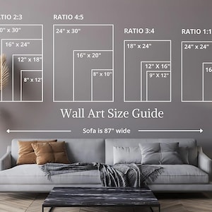 May include: A Wall Art Size Guide chart displaying various frame ratios and dimensions in inches, including 2:3, 4:5, 3:4, and 1:1. The graphic shows sizes ranging from 8x10 to 24x30 inches, positioned above a sofa labeled as 87 inches wide.