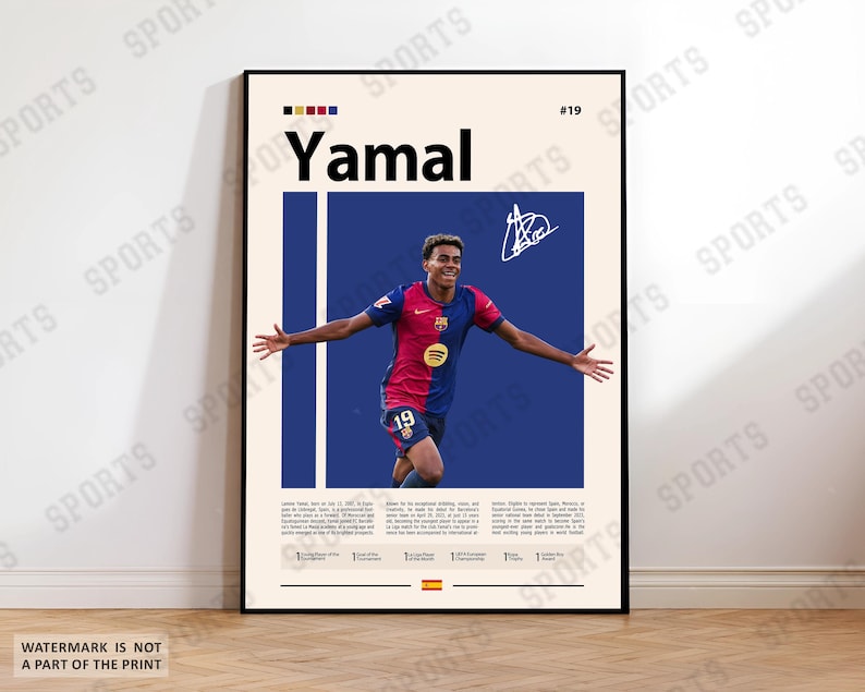 May include: A vertical sports poster featuring a photograph of a soccer player wearing a red and blue jersey with the number 19. The print includes the name Yamal, a signature, a blue background block, and text detailing career achievements.