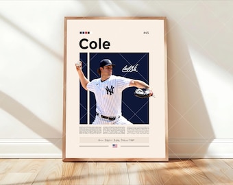 May include: A framed sports poster featuring a baseball player in a white pinstriped jersey with the name Cole, number 45, and a signature. The design includes a dark blue background, small text blocks, statistics, and a small American flag icon.