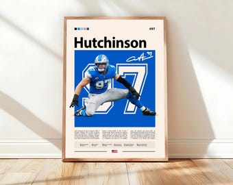 Póster de Aidan Hutchinson, arte mural de los Detroit Lions, impresión digital de la NFL, póster deportivo de fútbol americano, decoración deportiva moderna de mediados de siglo