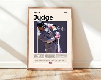 May include: A vertical poster featuring a baseball player in a grey uniform with a navy cap, swinging a pink bat. The text reads Judge, #99, and Aaron Judge. Below the image, small text details career statistics with a small American flag icon.
