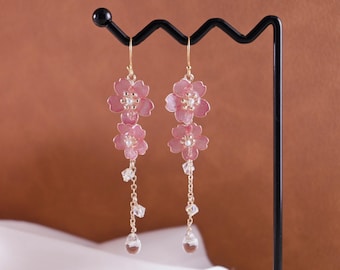 Cherry Blossom Dangle Earrings,Pink Flower Earrings, Resin Floral Earrings,Handmade Spring Gift,Birthday Gift