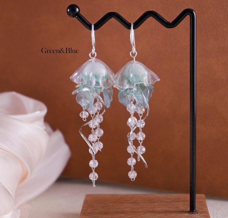 Jellyfish Earrings, Ocean Theme Jewelry,Handmade Boho Earrings , Unique Dangle Earrings, Gift for Marine Lover green&blue