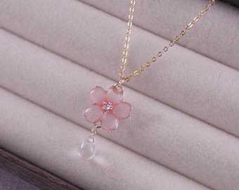 Sakura Necklace,Cherry Blossoms Pendant,Resin Flower Necklace, Adjustable Chain,Mother's Day Gifts