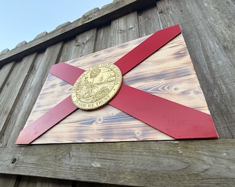 Handcrafted Charred Florida Flag 3D with Gold Seal | Rustic Wood Wall Art ( 28 x 42 )