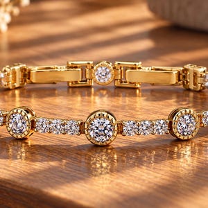 May include: A gold-toned metal bracelet featuring a series of clear, round-cut stones. The design alternates between larger, bezel-set stones and smaller, pavé-style stones, secured with a rectangular clasp mechanism at the center.