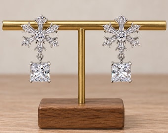 Silver-Tone Snowflake Earrings, Square Princess-Cut Crystal Drops, Tarnish Resistant