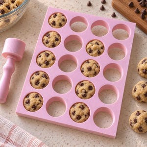 May include: A rectangular light pink silicone mold with twenty circular cavities, some filled with round chocolate chip cookie dough balls. A matching light pink cylindrical tool with a textured handle sits beside the mold on the surface.
