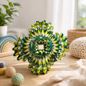 May include: A green, yellow, and white 3D-printed toy with a unique, flower-like design. The center is a square shape with a green border. The toy is on a wooden surface with other wooden toys in the background.