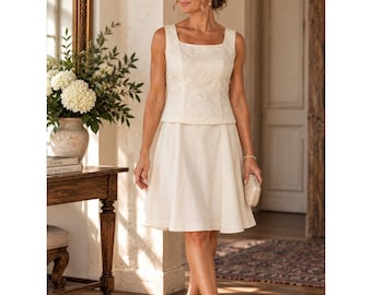 Completo due pezzi con abito e gonna ricamati color avorio Apostrophe 12P Petite Romantic