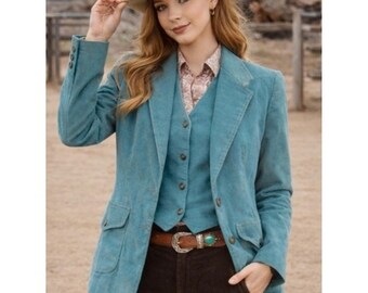 Country Craft Blazer-Weste-Set aus türkisfarbenem Baumwollcord im Vintage-Western-Stil, Größe 7/8 S