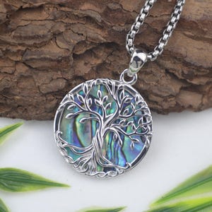 Baum des Lebens Halskette - 925 Sterling Silber Keltischer Mond Anhänger mit Abalone Inlay | Spirituelles Symbol des Gleichgewichts & der Transformation