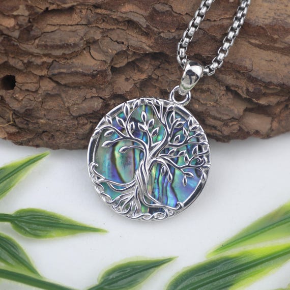 Tree of Life Necklace – 925 Sterling Silver Celtic Moon Pendant with Abalone Inlay | Spiritual Symbol of Balance & Transformation