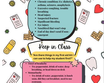 Peut inclure: Infographie colorée avec les textes « Envoyer à l'infirmière » et « Garder en classe ». Elle fournit des conseils médicaux pour les élèves, traitant de maux de tête et de petites coupures. Le design comprend des illustrations de cœur, de dent et de pansement.
