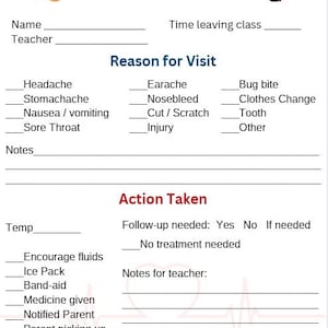 Könnte beinhalten: Ein weißes Krankenschwestern-Passformular mit rotem Text und einer Cartoon-Bandage und Herzgrafik. Das Formular enthält Abschnitte für Schülerinformationen, den Grund des Besuchs und die ergriffenen Maßnahmen.