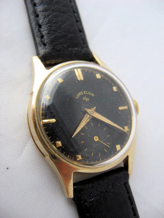 Items similar to 1953 Lord Elgin 14k Gold Mens Wrist Watch Black Dial ...