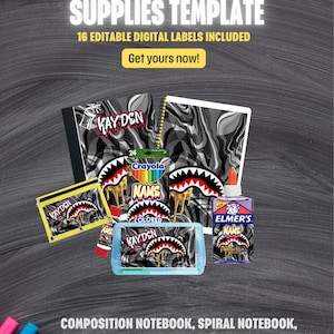 May include: A digital template for back to school supplies featuring a black and white marble pattern with a shark mouth graphic. Items include a composition notebook, spiral notebook, pencil case, crayon box, and glue bottle, all labeled with the name Kayden.