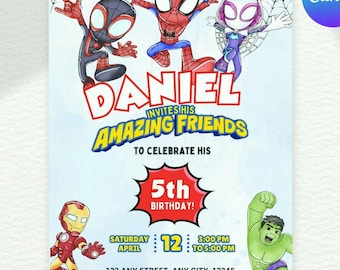 Bewerkbare aquarel uitnodiging voor verjaardagsfeestje Spidey en zijn geweldige vrienden | Sjabloon superheld afdrukbaar | Uitnodiging voor kinderen | Direct downloaden