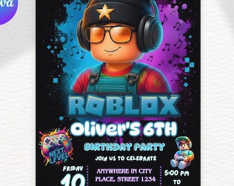 Uitnodiging roblox, roblox uitnodigen, game party, roblox jongen verjaardagsuitnodiging sjabloon, game verjaardag, kinder roblox, bewerkbare sjabloon, canva