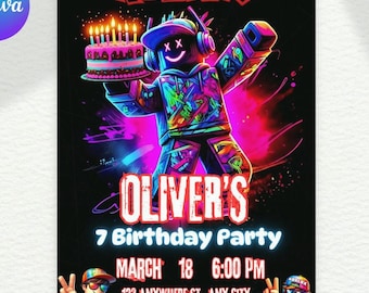 Uitnodiging roblox, roblox uitnodigen, game party, roblox jongen verjaardagsuitnodiging sjabloon, game verjaardag, kinder roblox, bewerkbare sjabloon, canva