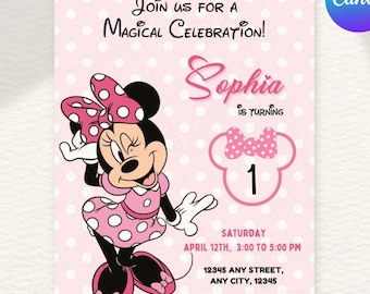 Bewerkbare Minnie Mouse verjaardagsuitnodiging, Minnie Mouse verjaardag, 1e verjaardag, muis verjaardagsuitnodiging, uitnodigingen voor meisjes minnie