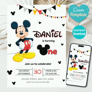 Editable Mickey Mouse Birthday Invitation, Printable Invitation Mickey, 1st birthday Micky Invite, Birthday Boy Invitation 1st, Mickey Mouse