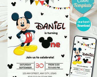 Editable Mickey Mouse Birthday Invitation, Printable Invitation Mickey, 1st birthday Micky Invite, Birthday Boy Invitation 1st, Mickey Mouse