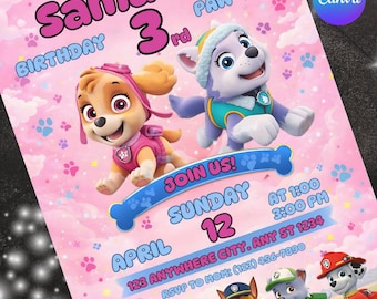 Sjabloon voor bewerkbare Paw-ty verjaardagsuitnodiging, uitnodiging voor kinderfeestje, Puppy Patrol Pup Boys & Girls Bday, Instant Download