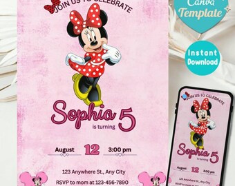 Editable Minnie Mouse Birthday Invitation, Minnie Mouse Birthday, 1st Birthday, Mouse Birthday Invite, Girls minnie invitations