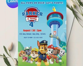 Sjabloon voor bewerkbare Paw-ty verjaardagsuitnodiging, uitnodiging voor kinderfeestje, Puppy Patrol Pup Boys & Girls Bday, Instant Download