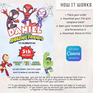 May include: A vibrant birthday invitation with cartoon superheroes like Spider-Man and Iron Man. The invitation is for a 5th birthday, with the name "Daniel" and the words "Amazing Friends". The design includes the text "editable Canva template". The invitation is in a digital format.