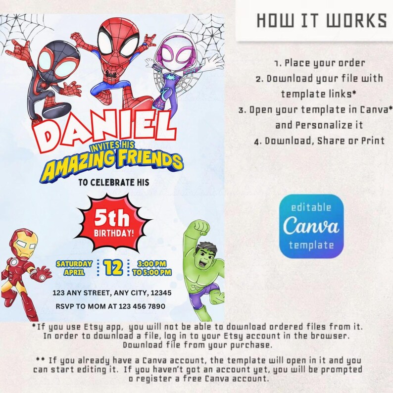 May include: A vibrant birthday invitation with cartoon superheroes like Spider-Man and Iron Man. The invitation is for a 5th birthday, with the name "Daniel" and the words "Amazing Friends". The design includes the text "editable Canva template". The invitation is in a digital format.