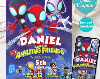 Bewerkbare aquarel uitnodiging voor verjaardagsfeestje Spidey en zijn geweldige vrienden | Sjabloon superheld afdrukbaar | Uitnodiging voor kinderen | Direct downloaden