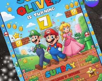 Bewerkbare Bros Mario-uitnodiging, Mario Bros-verjaardagsuitnodiging, afdrukbare verjaardagsuitnodigingen, sjabloon voor digitale verjaardagsfeestje