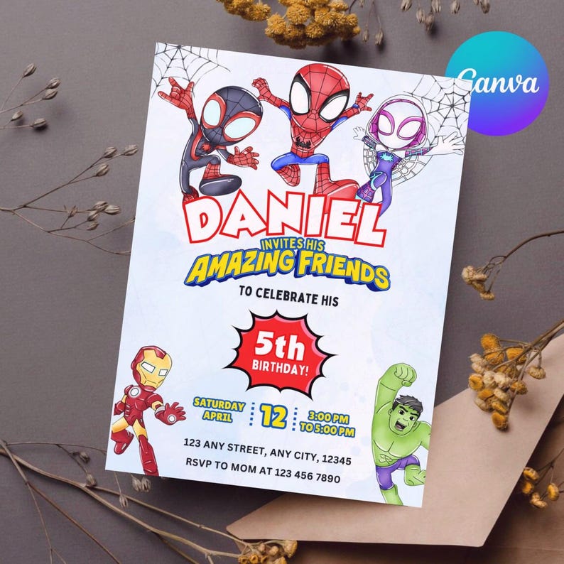 May include: A birthday invitation card with Spider-Man characters. The text reads "Daniel invites his Amazing Friends to celebrate his 5th Birthday!" with date, time, and address details. The design includes illustrations of Spider-Man, Iron Man, and the Hulk.