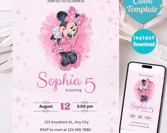 Editable Minnie Mouse Birthday Invitation, Minnie Mouse Birthday, 1st Birthday, Mouse Birthday Invite, Girls minnie invitations