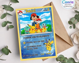 Verjaardagsuitnodiging Pokemon instant download digitale uitnodiging Pokémon-kaart thema-uitnodiging voor verjaardagsfeestje pokecard pikachu