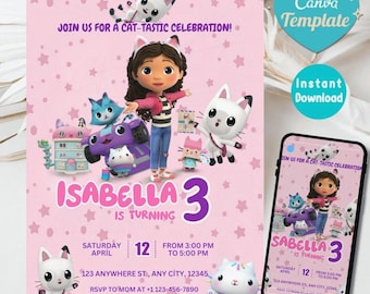 Gabby's Dollhouse Birthday Invitation: Editable Gabby Pandy Party Template 5x7 Digital Download Canva Template