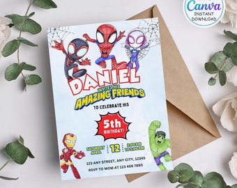 Redigerbar akvarell Spidey och hans fantastiska vänner födelsedagsfestinbjudan | Utskrivbar superhjältemall | Barninbjudan | Direktnedladdning