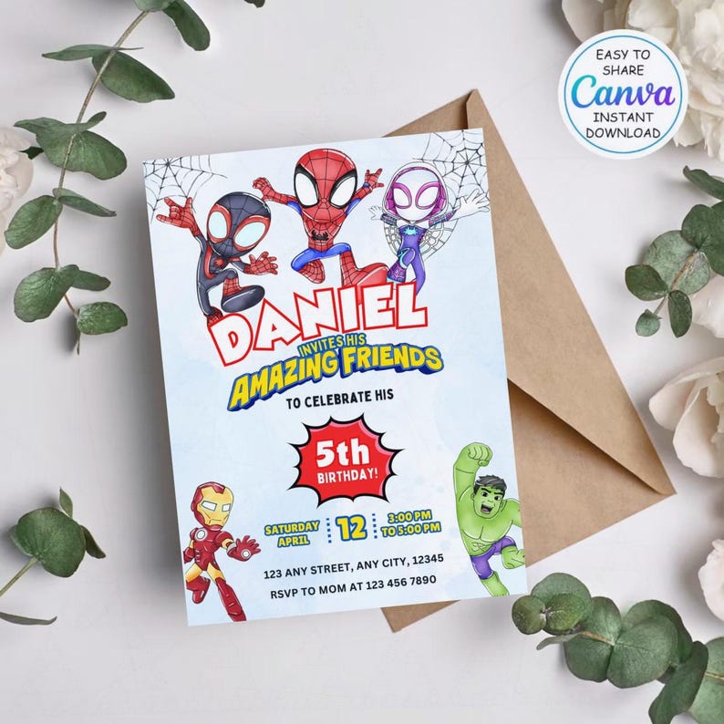 May include: A vibrant birthday invitation with Spider-Man, Miles Morales, Spider-Gwen, Iron Man, and the Hulk. The invitation says "Daniel invites his Amazing Friends to celebrate his 5th Birthday!" with event details.