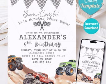 Monster Truck Birthday Invitation: Watercolor Trucks Party ( Canva Template Digital Download 5x7 )