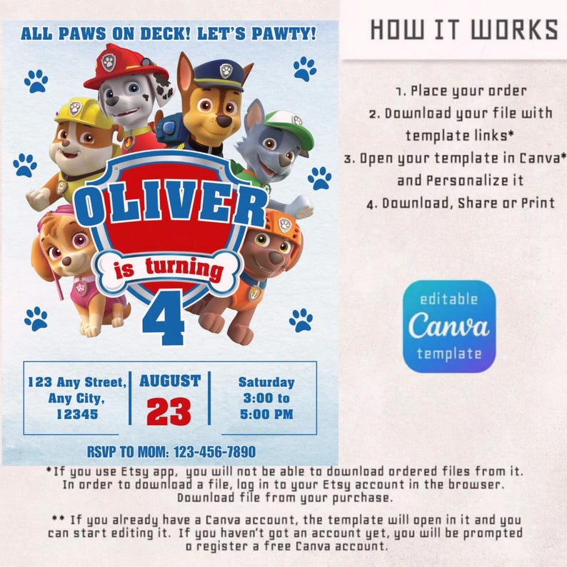 May include: A customizable birthday party invitation featuring cartoon characters from a popular animated series. The invitation includes the name "Oliver" and the age "4", along with event details and a Canva template logo.
