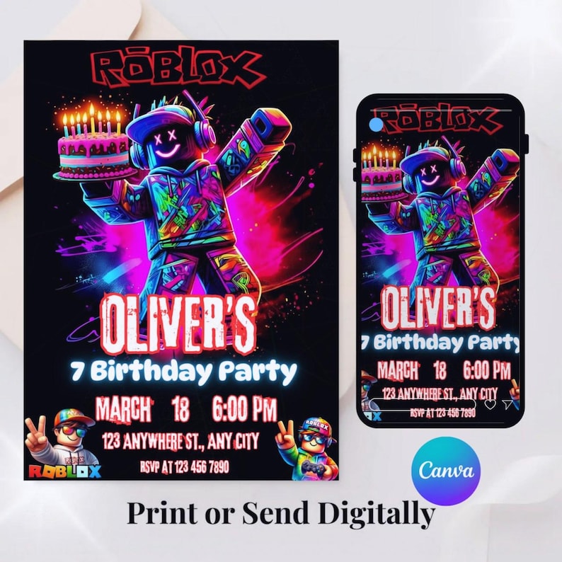 Puede incluir: Invitaci&oacute;n de cumplea&ntilde;os con tem&aacute;tica de Roblox, que muestra un personaje con una tarta. El dise&ntilde;o utiliza negro, rosa ne&oacute;n, azul y verde. El texto dice "Oliver's 7 Birthday Party" e incluye los detalles del evento.