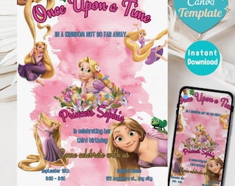Editable Rap-un-zel Birthday Invitation, Princess Birthday Invitation, Birthday Tangle Invitation, Digital Evite, Canva Template
