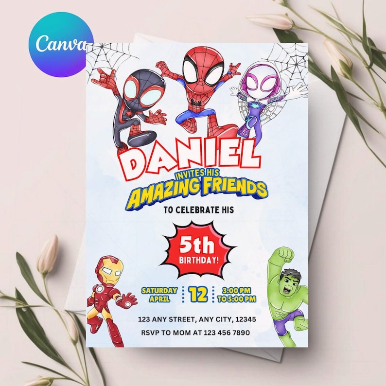 May include: A vibrant birthday invitation with Spider-Man characters. The invitation text reads "Daniel invites his amazing friends to celebrate his 5th birthday!" with event details and RSVP information.