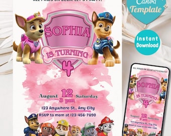 Sjabloon voor bewerkbare Paw-ty verjaardagsuitnodiging, uitnodiging voor kinderfeestje, Puppy Patrol Pup Boys & Girls Bday, Instant Download