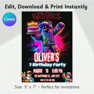 Puede incluir: Una vibrante invitaci&oacute;n para la fiesta de cumplea&ntilde;os n&uacute;mero 7 de Oliver, con un personaje de Roblox sosteniendo un pastel. El dise&ntilde;o incluye el logotipo de Roblox, los detalles de la fiesta y el texto "Edit, Download & Print Instantly". La invitaci&oacute;n mide 12,7 cm x 17,8 cm.