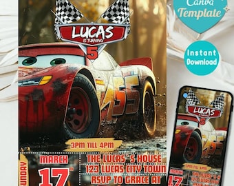 Cars Birthday Invitation, Birthday Invitation, Lightning McQueen Invitation, Kids Birthday Invitation, Digital Invitation, Canva Editable